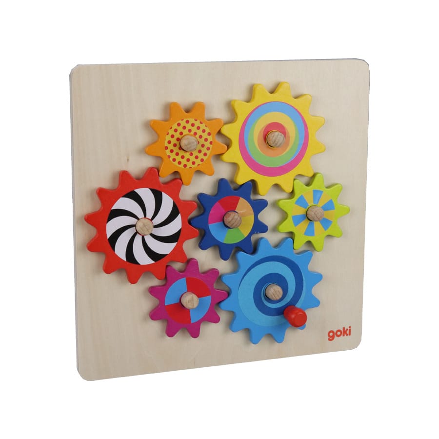 Goki Kreativ und clever Goki Zahnradspiel aus Holz, 1 Steckplatte und 7 Zahnräder, ab 3 Jahre