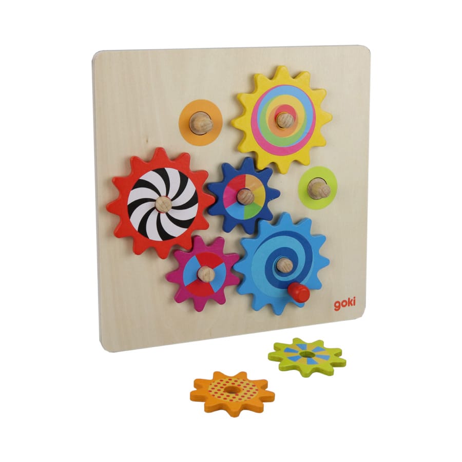 Goki Kreativ und clever Goki Zahnradspiel aus Holz, 1 Steckplatte und 7 Zahnräder, ab 3 Jahre