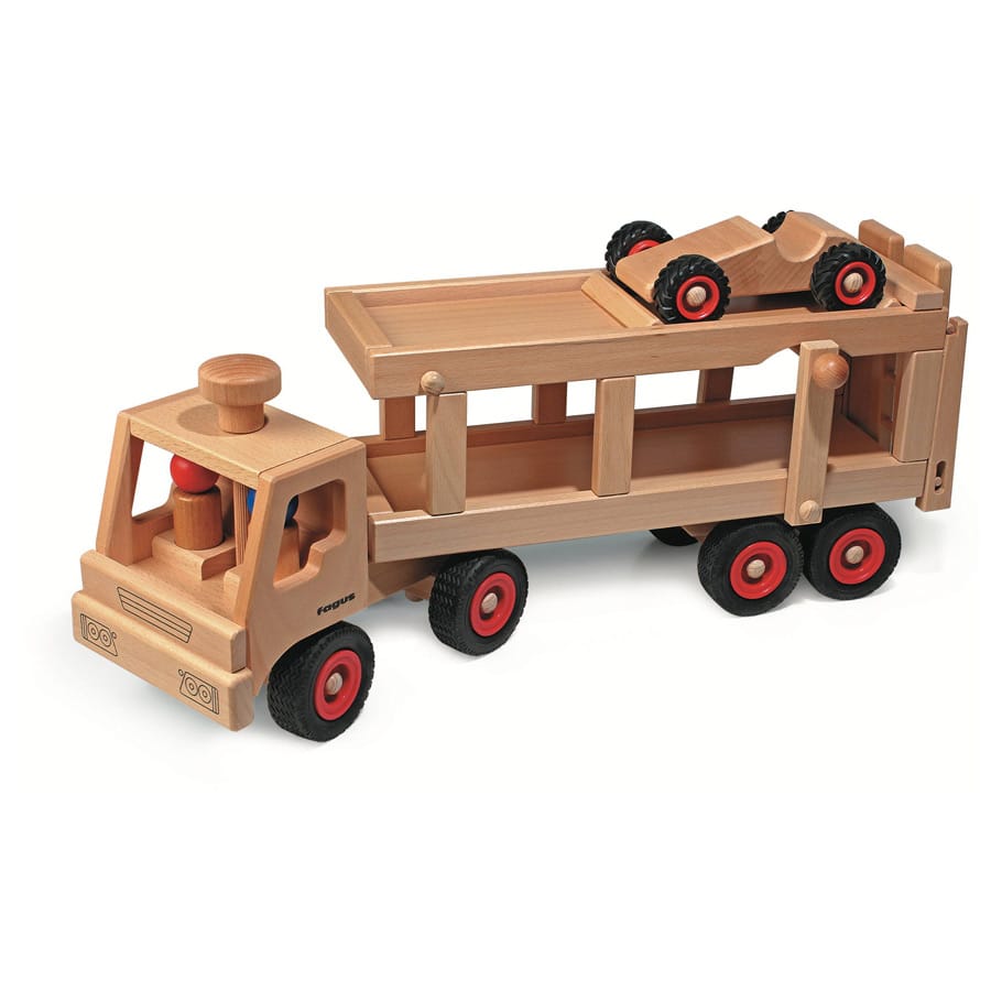 Fagus Holzfahrzeug Fagus Autotransporter aus Holz mit Auto & Figuren – Spielzeug ab 3 Jahren