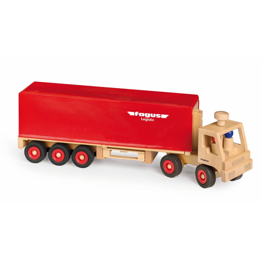 Fagus Holzfahrzeug Fagus Sattelschlepper ab 3 Jahren – 2 Holzfiguren & Europalette, lenkbar