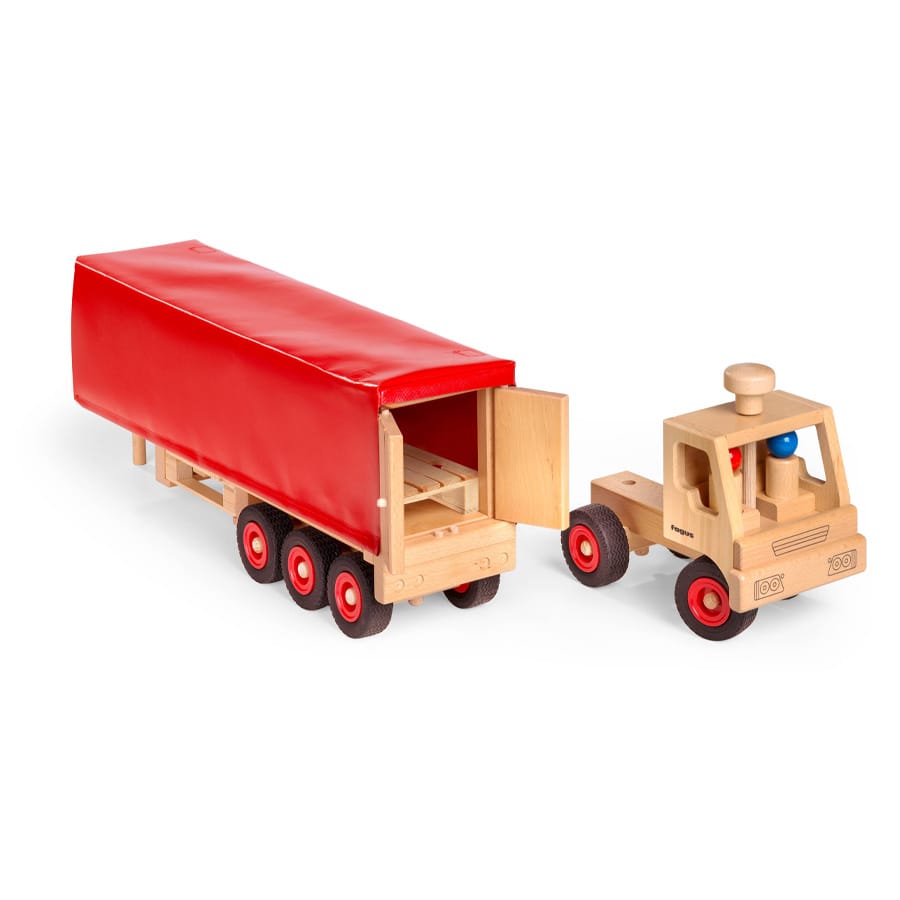 Fagus Holzfahrzeug Fagus Sattelschlepper ab 3 Jahren – 2 Holzfiguren & Europalette, lenkbar