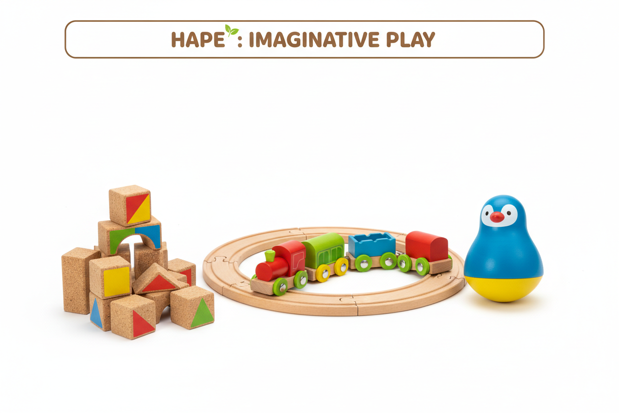 Toynamics Kategoriebild mit Eisenbahn, Pinguin und Korkbausteinen