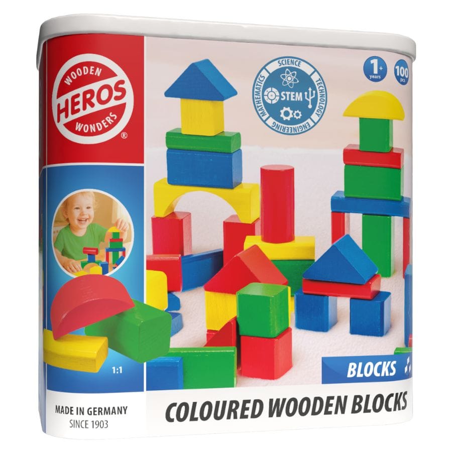 HEROS Holzbausteine 100 HEROS Holzbausteine farbig – 50/100-teiliges Bausteine-Set Made in Germany, ab 1 Jahr
