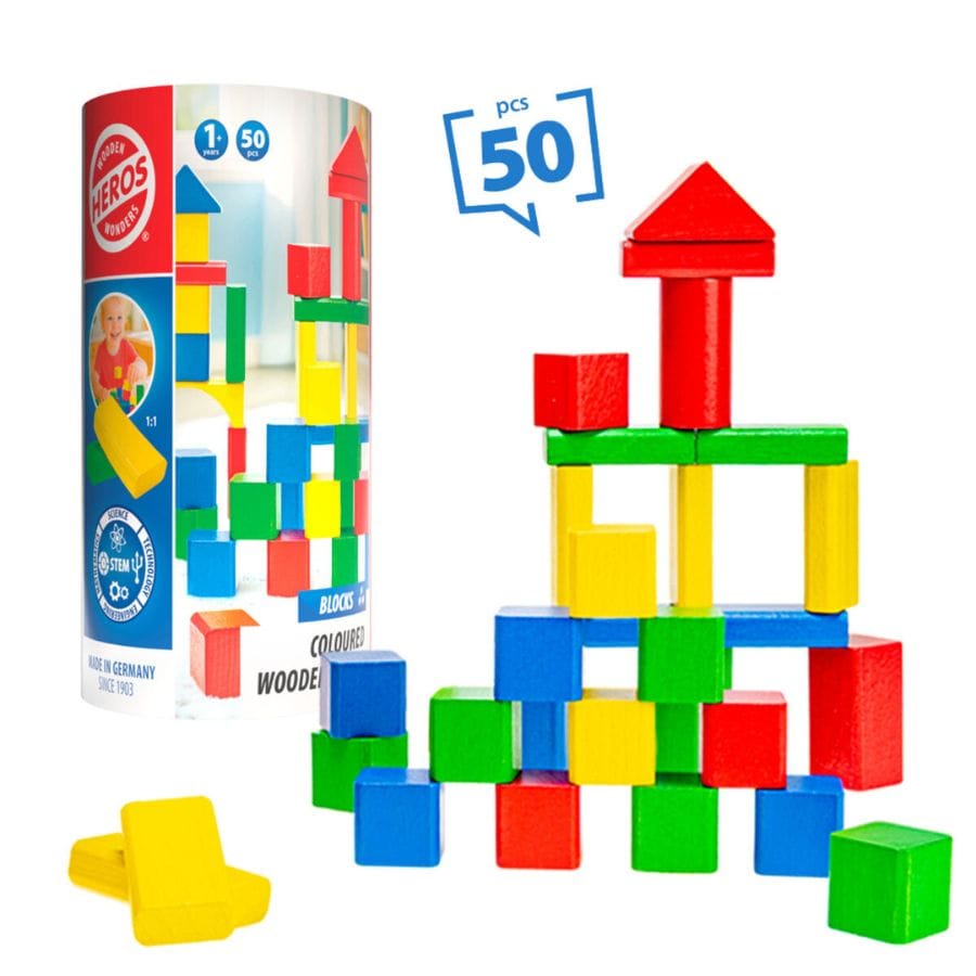 HEROS Holzbausteine 50 HEROS Holzbausteine farbig – 50/100-teiliges Bausteine-Set Made in Germany, ab 1 Jahr
