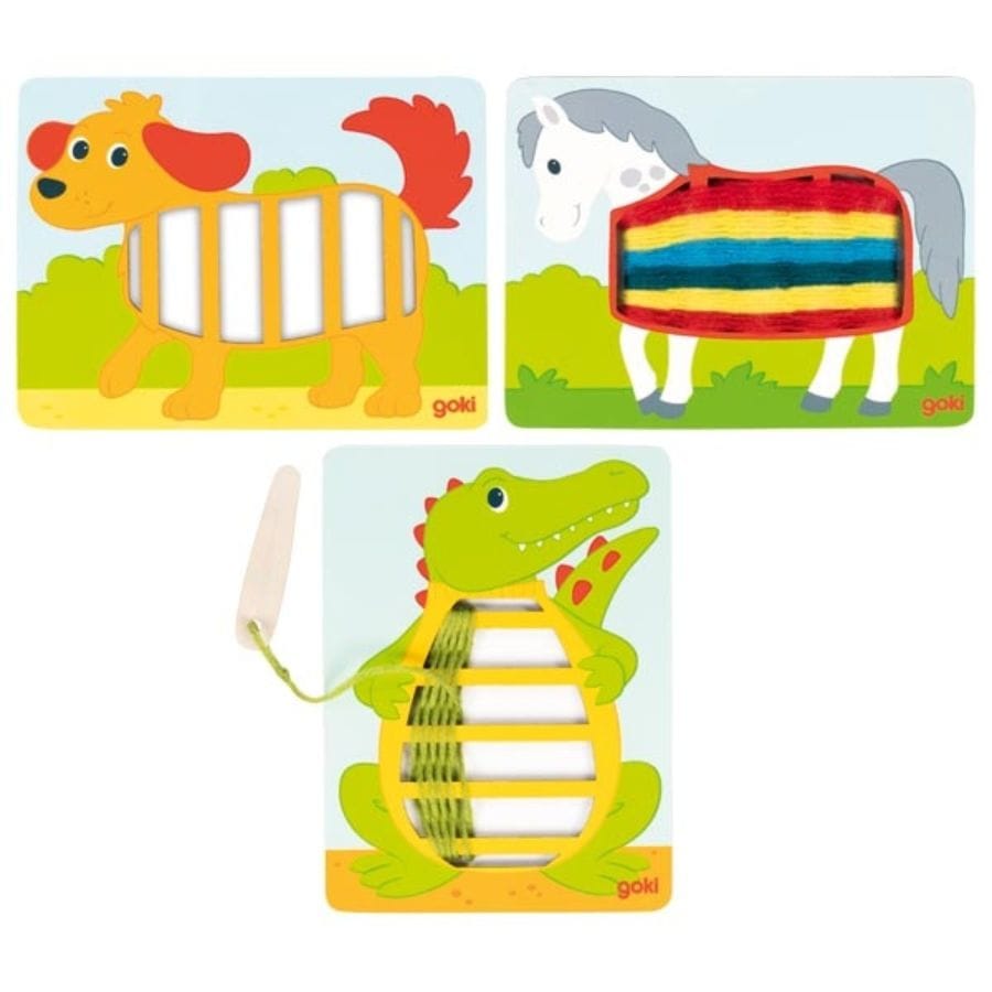 Goki Kreativspielzeug goki Webbilder Tiere – Krokodil, Hund & Pferd Webset aus Holz (1 Set mit 3 Stk.)