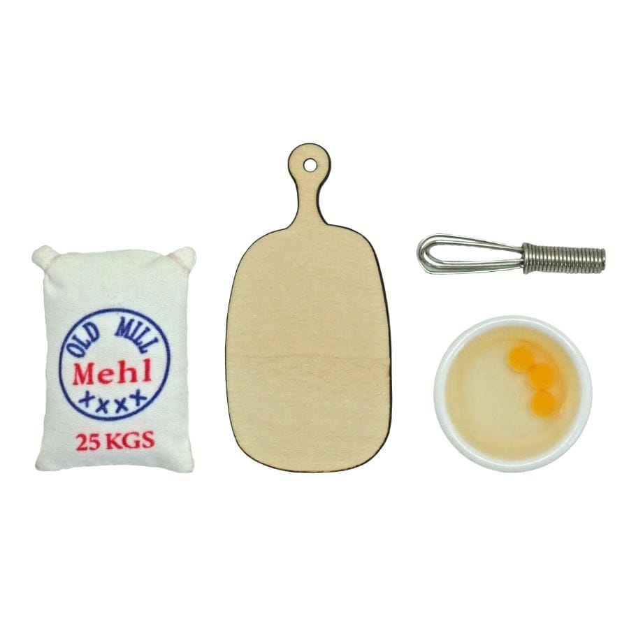 Tanner Wichtel Bäckerei-Set – alle 4 Teile einzeln: Mehlpäckchen, Holzbrett, Rührbesen und Schüssel mit Eiern