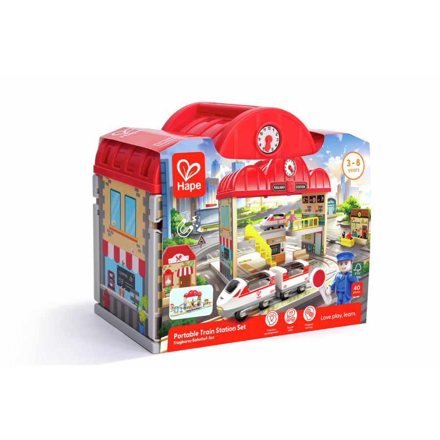 Hape – Tragbares Bahnhof-Set, Mobiles Eisenbahn-Spielset, ab 3 Jahre