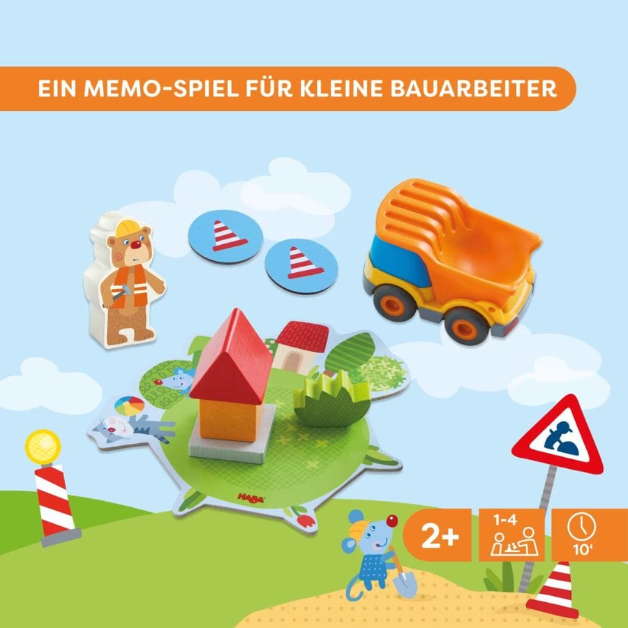 HABA Baustelle Memospiel – Bauleiter Bruno Bär, Kullerbü-Muldenkipper und fertig gebautes Haus, für 1–4 Spieler ab 2 Jahren