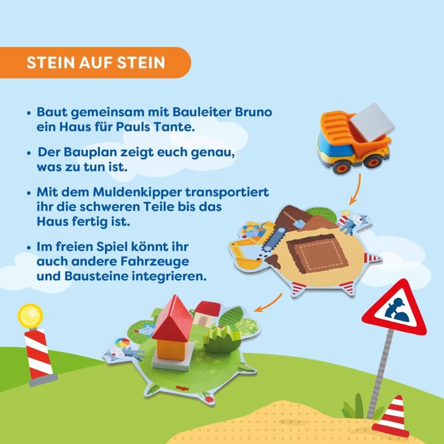 HABA Baustelle Spielanleitung – Schritt-für-Schritt Hausbau mit Muldenkipper und Baustellen-Spielplan für Kleinkinder