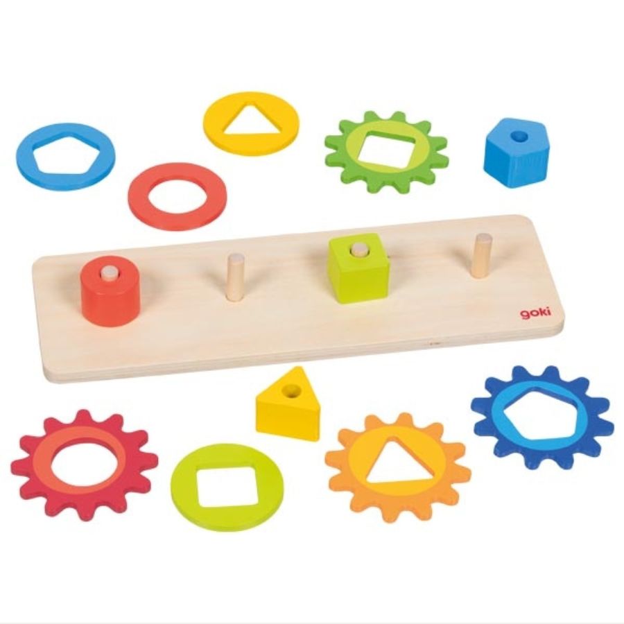 goki Sortierspiel mit Zahnrädern aus Holz, Motorikspiel ab 2 Jahren, 12 Teile