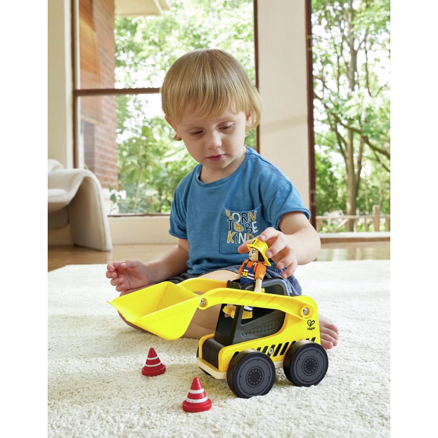 Hape Frontlader – 4-teiliges Baustellen-Spielzeug aus Holz ab 2 Jahren