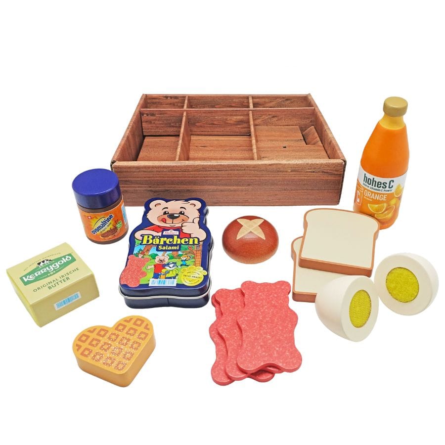 Tanner Kaufladenzubehör Großes Frühstücksset, 13-teiliges Set aus Holz für Kinderküche und Kaufladen ab 2 Jahren
