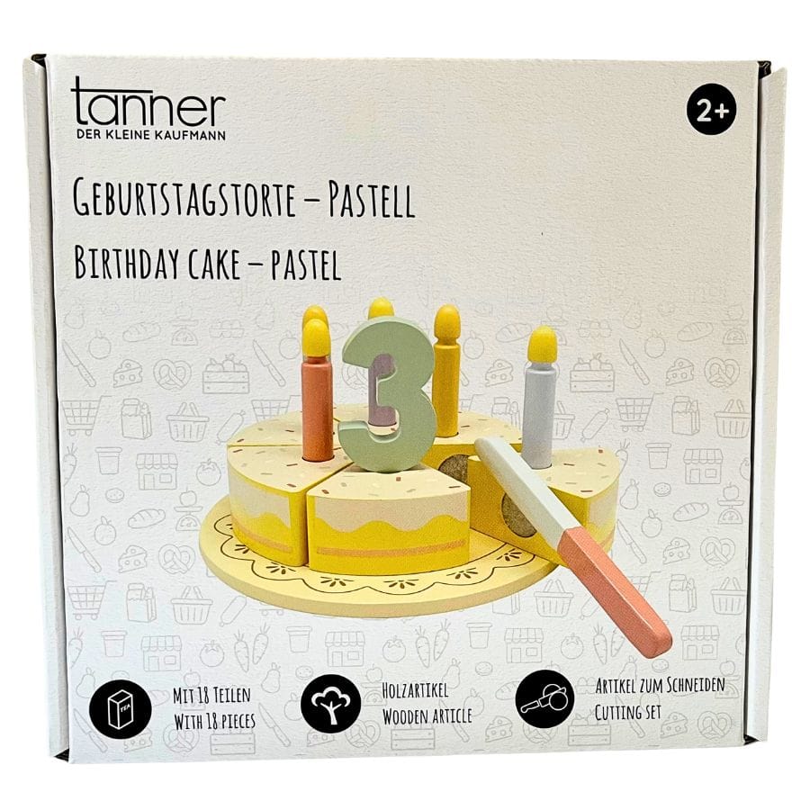 Tanner Kaufladenzubehör Geburtstagstorte Pastell – 18-teiliges Holz-Tortenset | Tanner