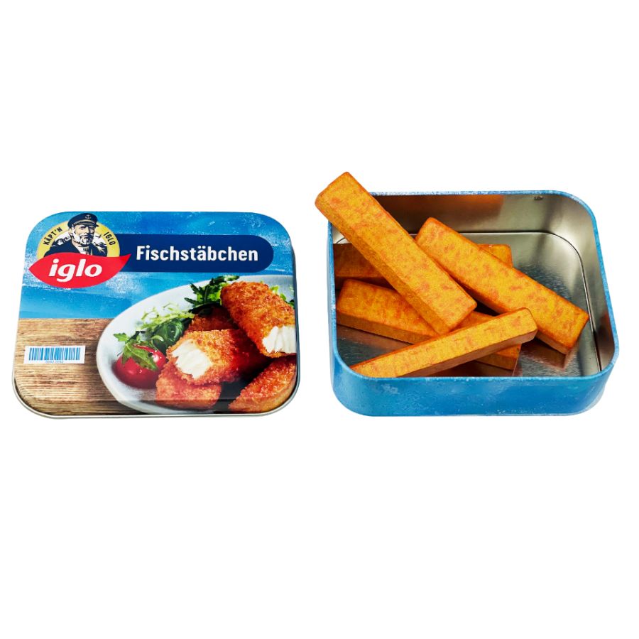 Iglo Fischstäbchen aus Holz in Metalldose