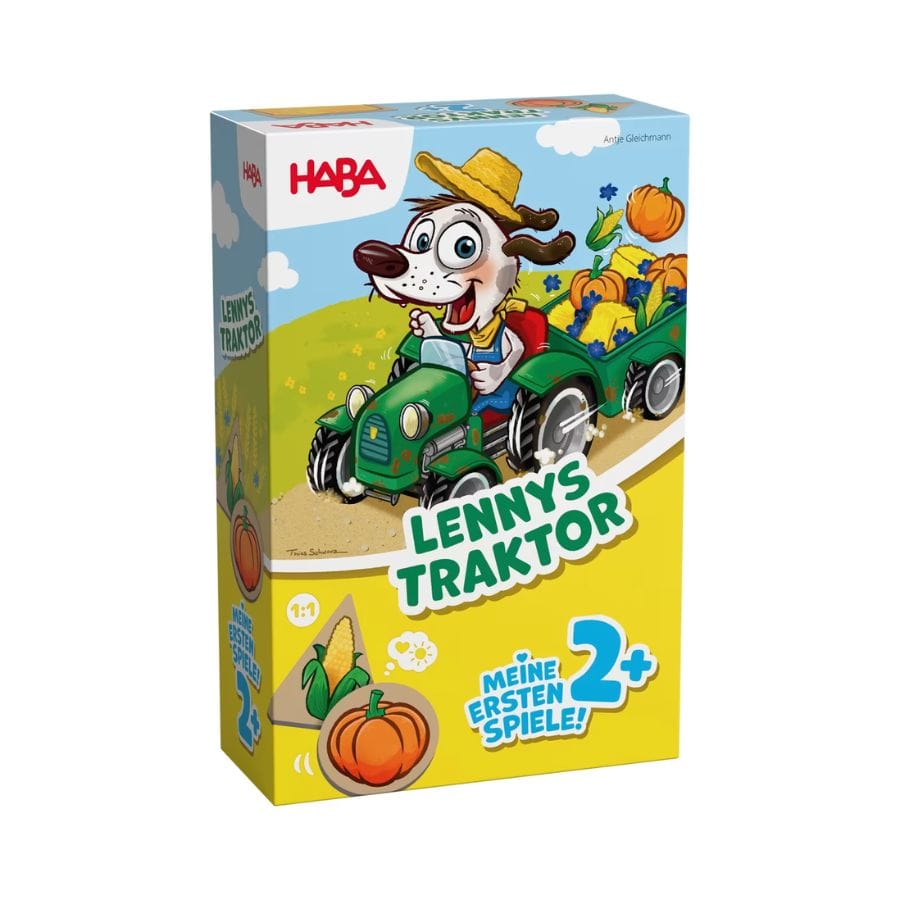 HABA Meine ersten Spiele – Lennys Traktor, Spielschachtel mit Hund Lenny auf grünem Traktor mit Ernte-Anhänger, ab 2 Jahren