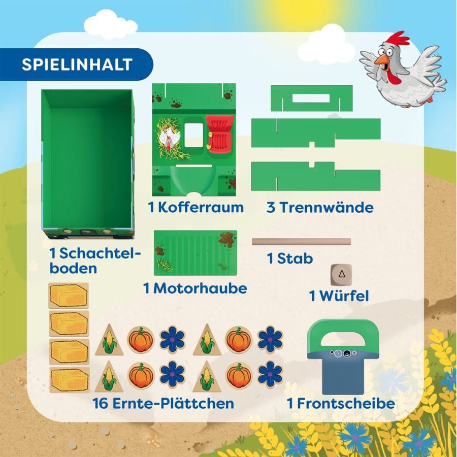 Spielinhalt HABA Lennys Traktor: 16 Ernte-Plättchen, 3D-Traktor-Teile, Würfel, Stab und Frontscheibe