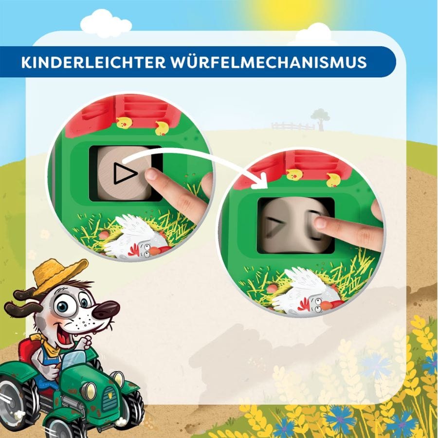 Nahaufnahme des kinderleichten Würfelmechanismus von HABA Lennys Traktor – Drehen statt Würfeln, ab 2 Jahren