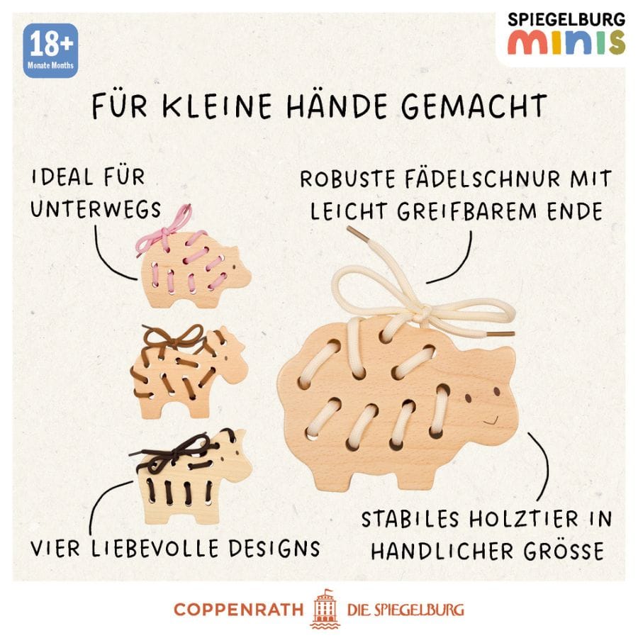 Spiegelburg Fädelspiel minis Holz-Fädelspiel Bauernhof – Pferd, Kuh, Schwein oder Schaf, ab 18 Monaten