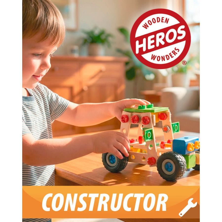 Kind baut Heros Constructor Quad aus Holz – Konstruktionsspielzeug ab 4 Jahre