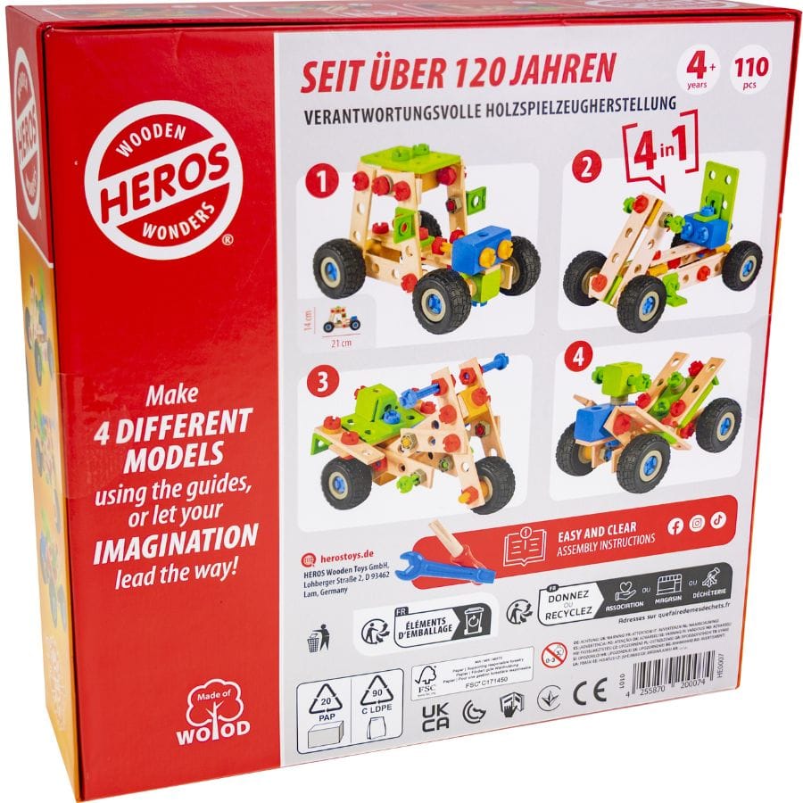 Heros Constructor Quad Verpackung – 4-in-1 Holzkonstruktionsspielzeug, 110 Teile, ab 4 Jahre