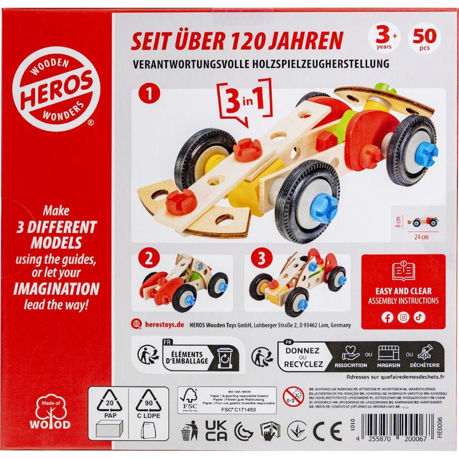 HEROS Bausteine & Bauspielzeug Heros Constructor Rennwagen – 50-teiliges Holz-Bauset für 3 verschiedene Autos ab 3 Jahren