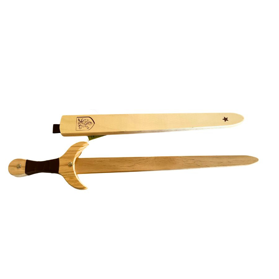 Holzschwert mit Hülle & Drachenmotiv – Natur mit braunem Griff, Made in Germany