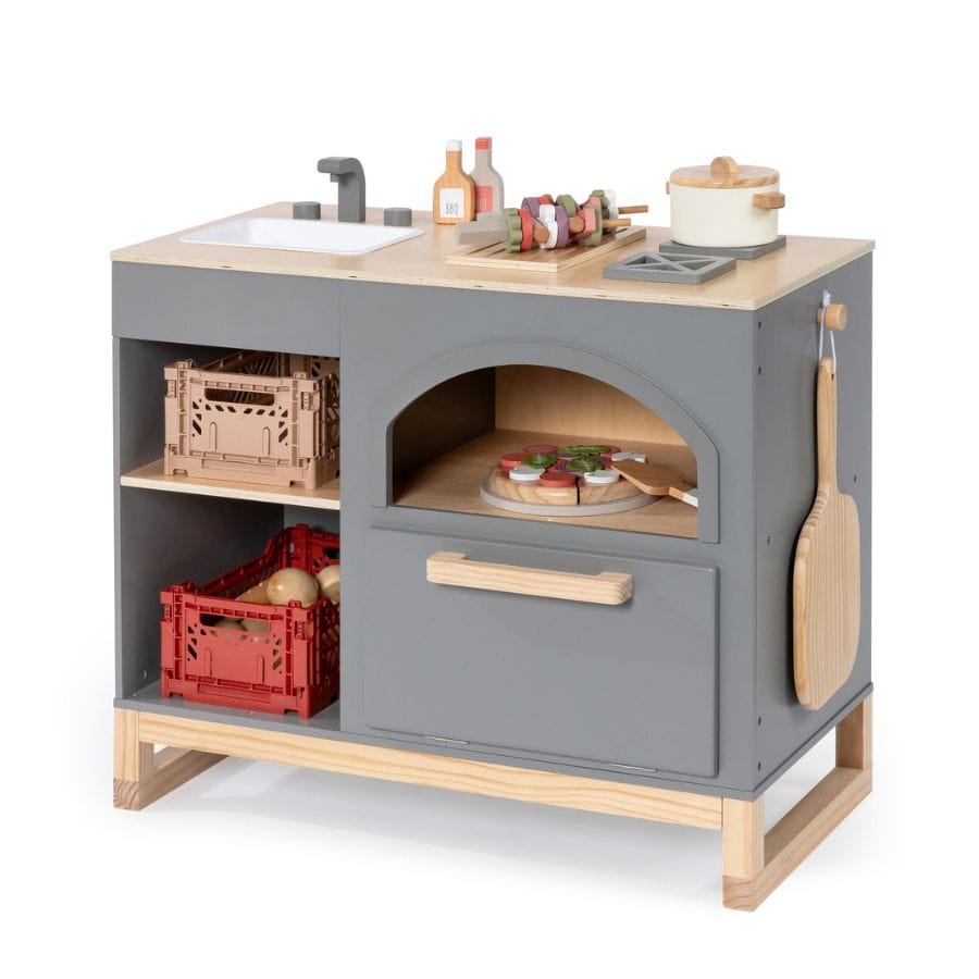 Musterkind Kinderküche Grau Musterkind Spielküche Taxus weiß/natur – Kinderküche aus Holz mit Pizzaofen ab 3 Jahren