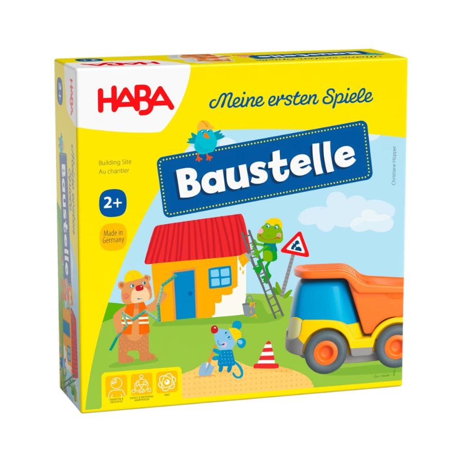 HABA Meine ersten Spiele Baustelle – Spielkarton mit Bauleiter Bruno Bär und Kullerbü-Muldenkipper, ab 2 Jahren
