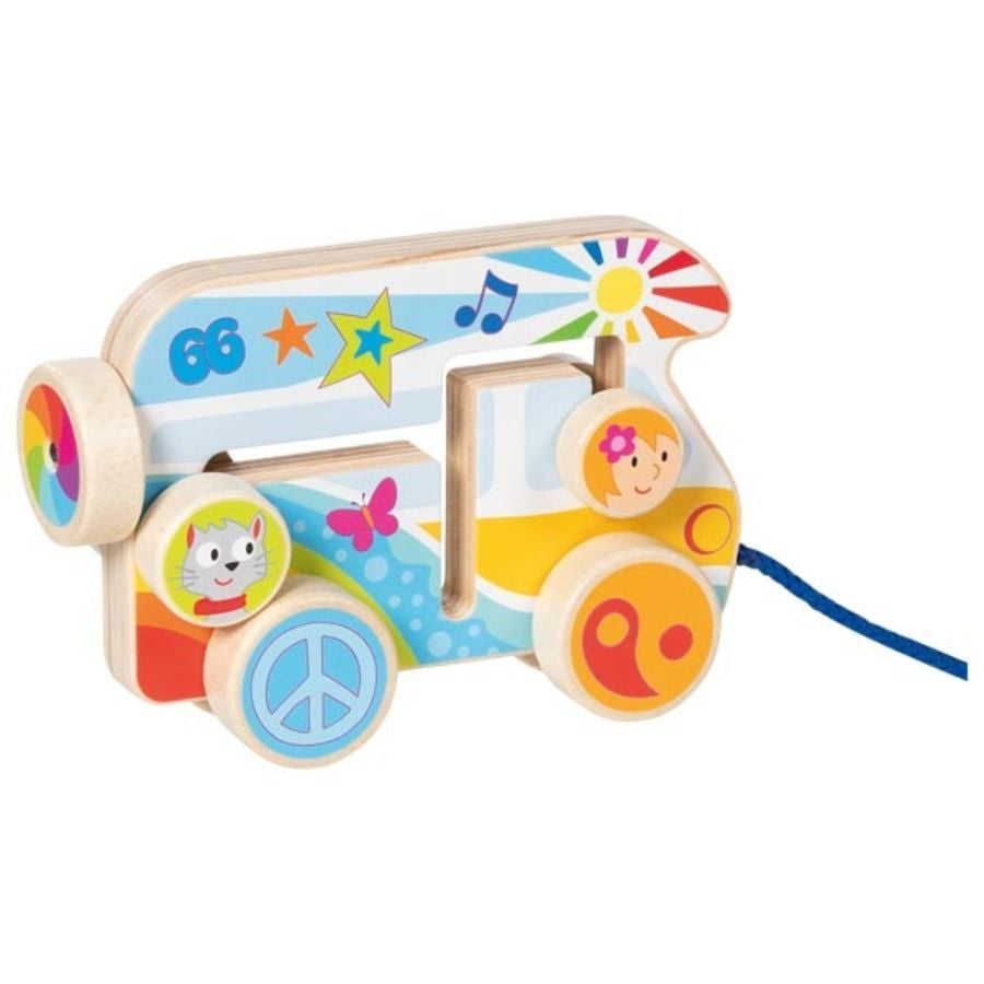 goki Ziehfahrzeug „Camper Van“ aus Holz – farbenfrohes Holzspielzeug ab 1 Jahr