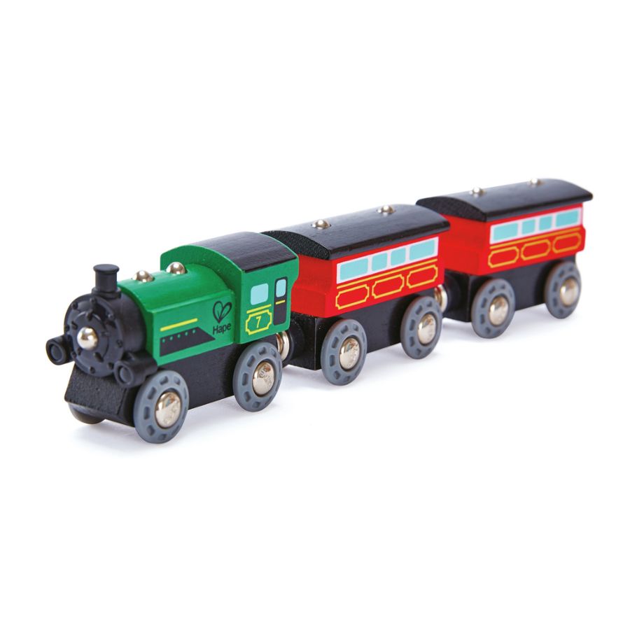 Hape – Dampf-Personenzug aus Holz,| Lokomotive mit 2 Waggons, ab 3 Jahre