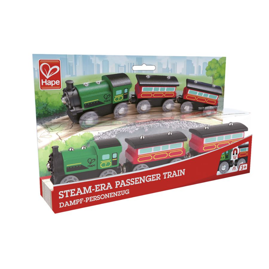 Hape – Dampf-Personenzug aus Holz,| Lokomotive mit 2 Waggons, ab 3 Jahre