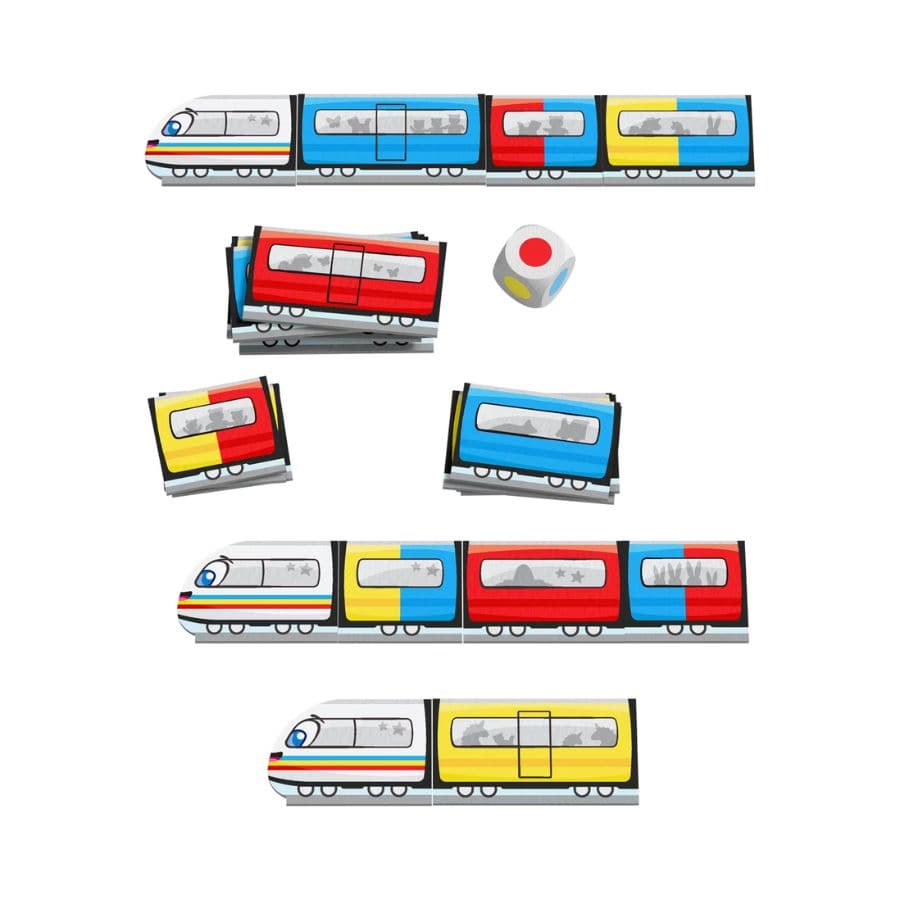 Spielmaterial HABA Farb-Express: Lok mit Waggons in Blau, Rot und Gelb sowie sortierte Waggon-Stapel und Würfel, freigestellt