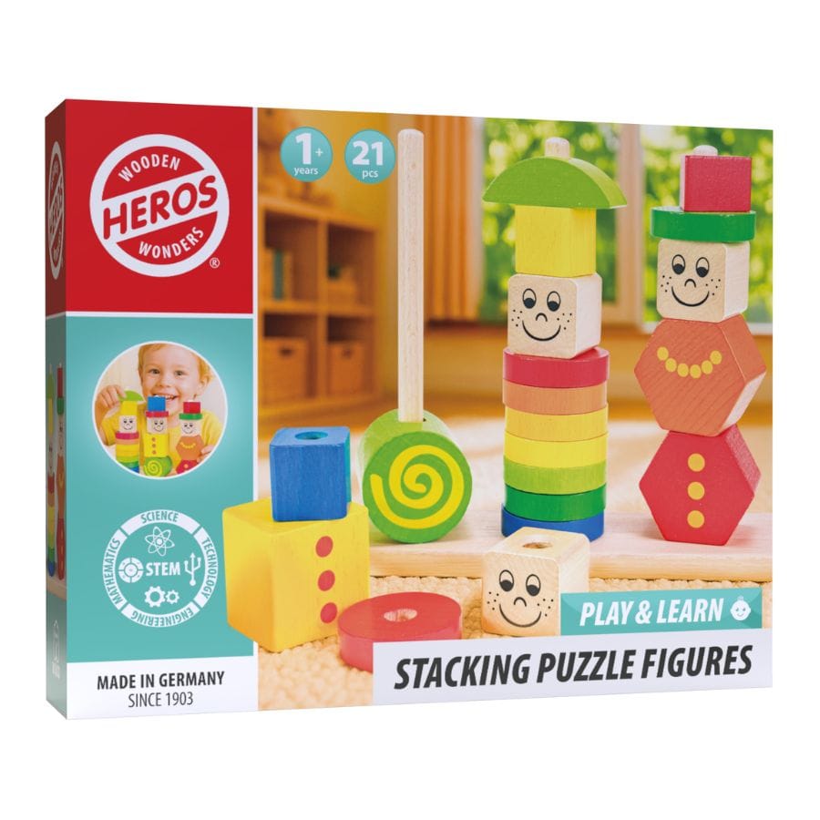 HEROS Sortier-, Stapel- & Steckspielzeug Heros Play and Learn Stapelpuzzle Figuren – 21-teiliges Steckspiel aus Holz ab 1 Jahr