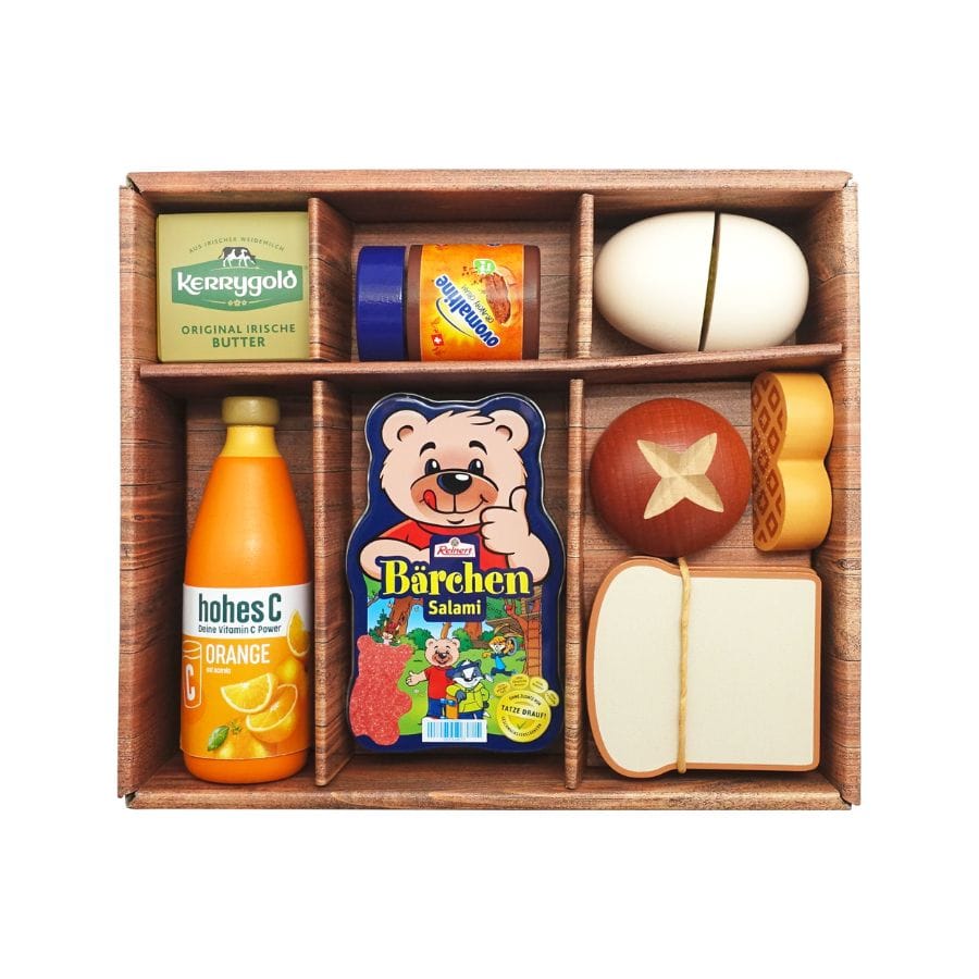 Tanner Kaufladenzubehör Großes Frühstücksset, 13-teiliges Set aus Holz für Kinderküche und Kaufladen ab 2 Jahren