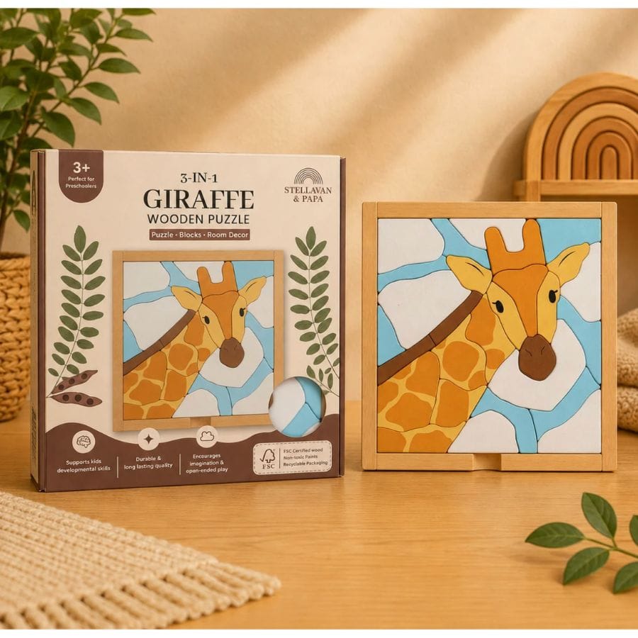 Stellavan & Papa Puzzle Mila die Giraffe – fertig zusammengesetztes Holzpuzzle auf Holzständer