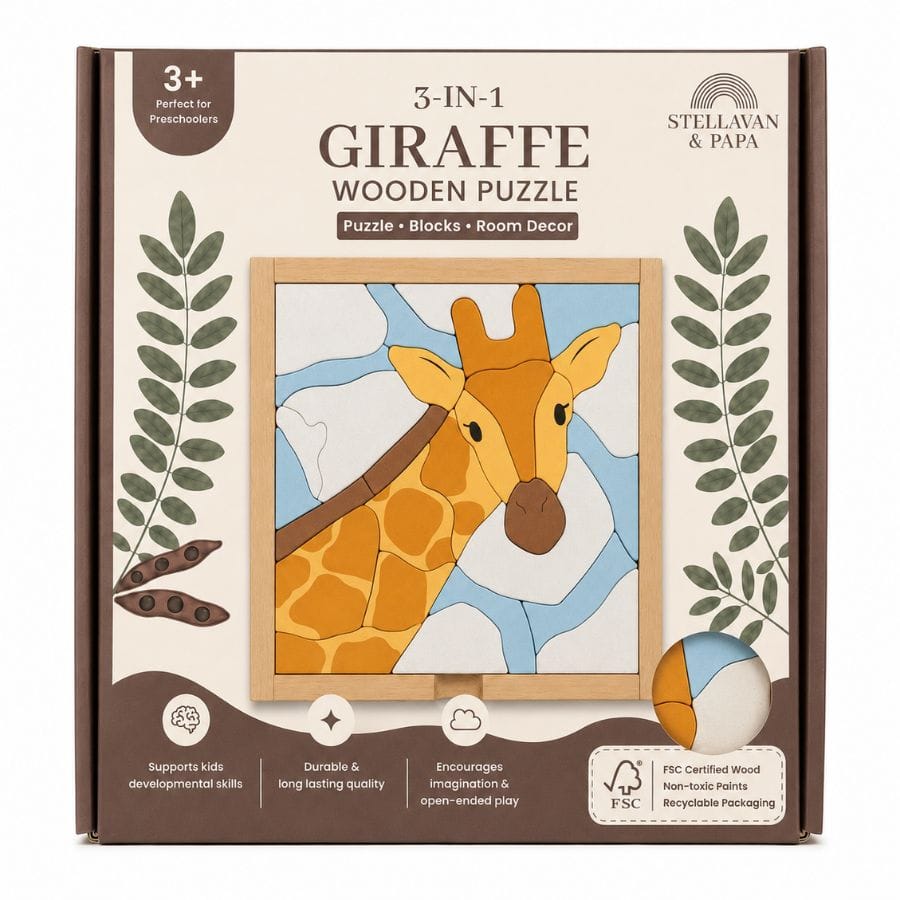 Stellavan & Papa 3-in-1 Holzpuzzle Mila die Giraffe – Verpackung, ab 3 Jahre, Buchenholz