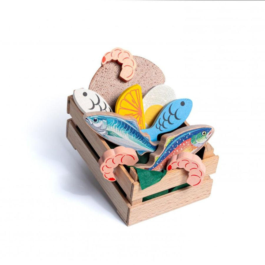 Erzi Fischsortiment klein aus Holz – Kaufladen & Kinderküche, ab 3 Jahre
