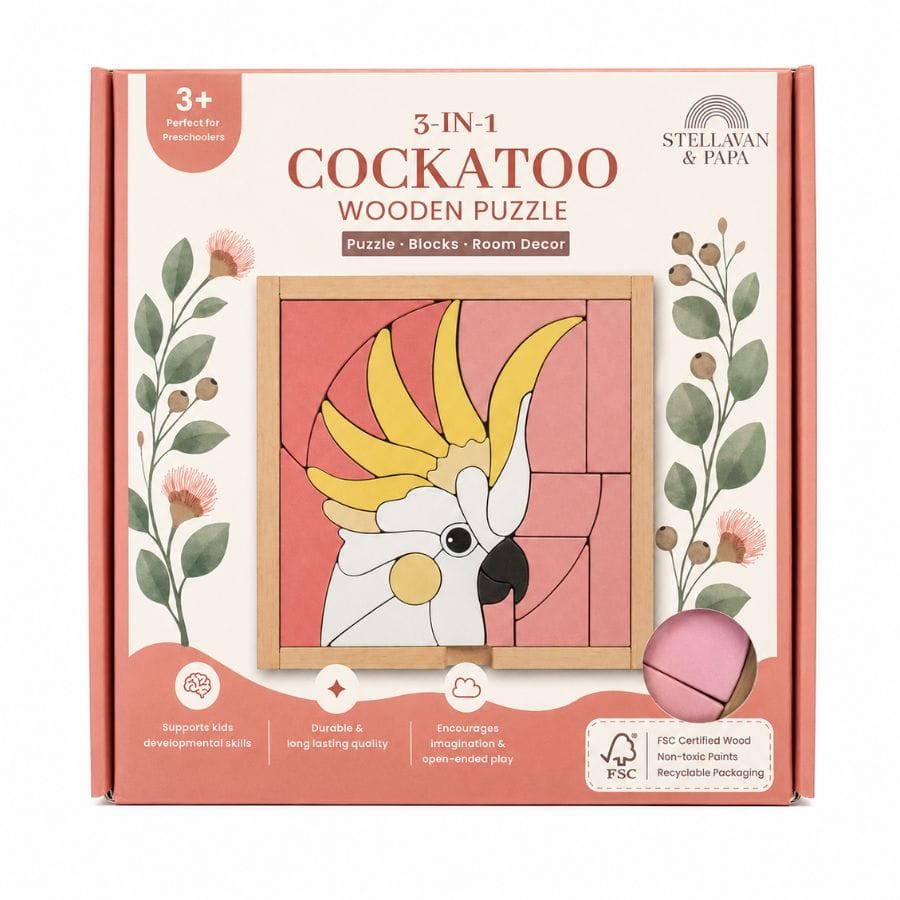 Verpackung Stellavan & Papa 3-in-1 Cockatoo Wooden Puzzle – FSC-Buchenholz, ab 3 Jahren