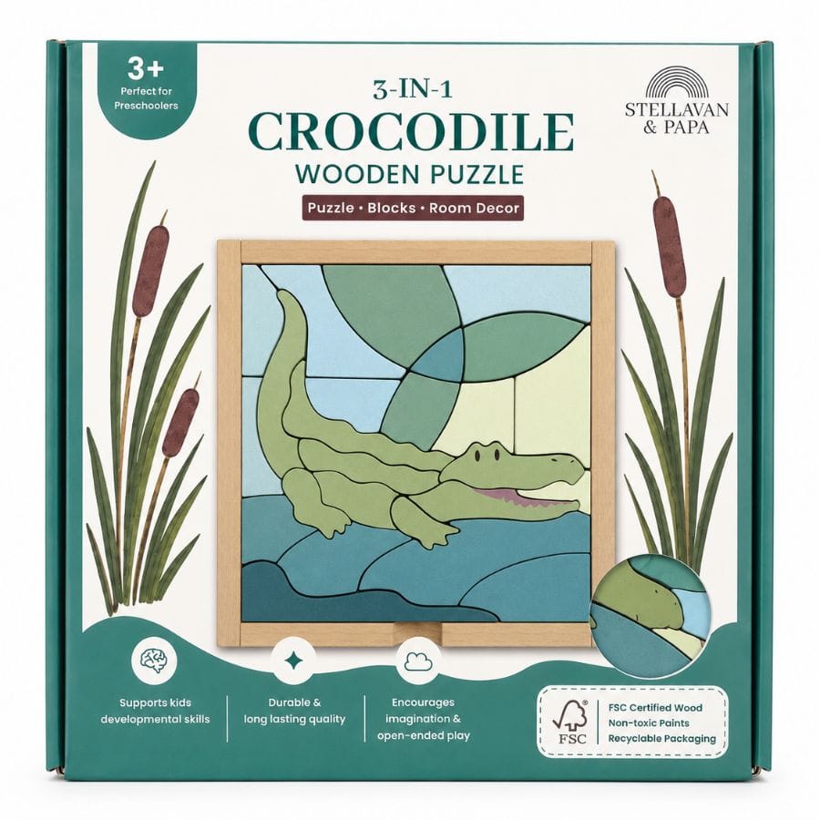 Stellavan And Papa Puzzle Stellavan & Papa Puzzle Donny, das Krokodil - 3-in-1 Holzpuzzle ab 18 Monaten