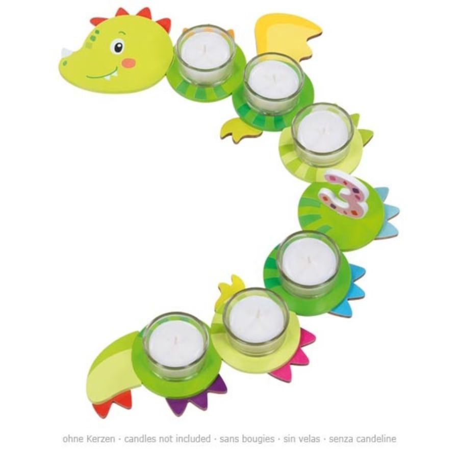 Geburtstagsdrache Taro aus Holz – Geburtstagskranz mit Zahlen 1–10 & Glasteelichthaltern