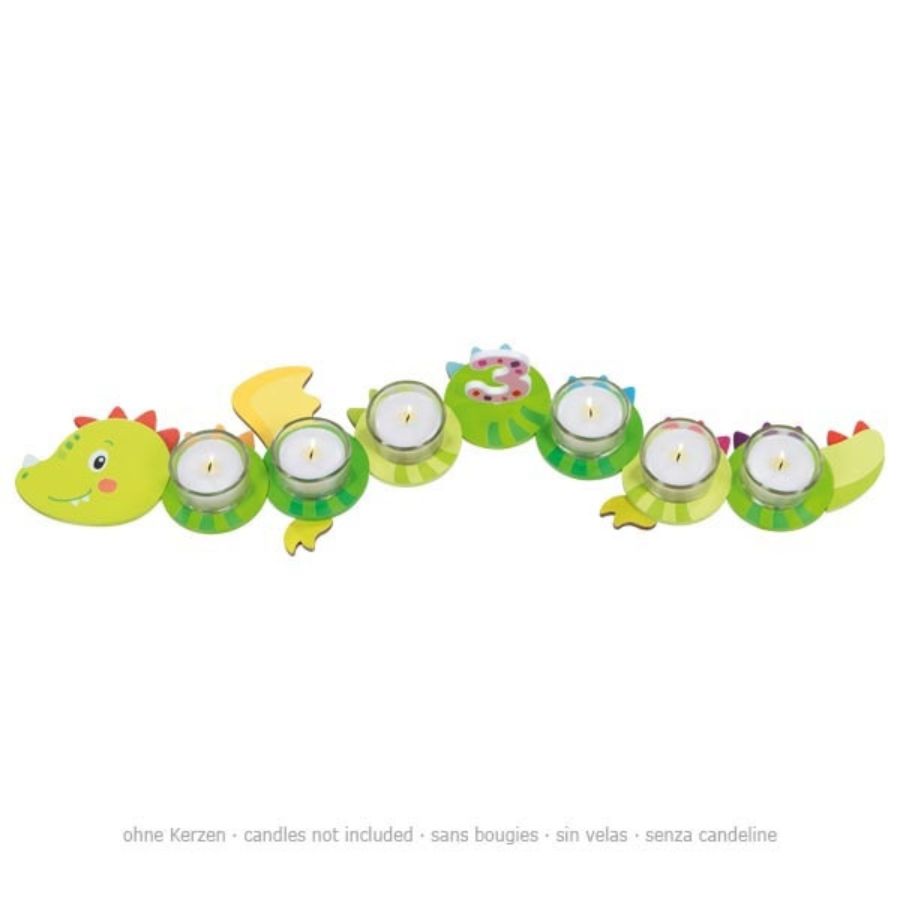Geburtstagsdrache Taro aus Holz – Geburtstagskranz mit Zahlen 1–10 & Glasteelichthaltern