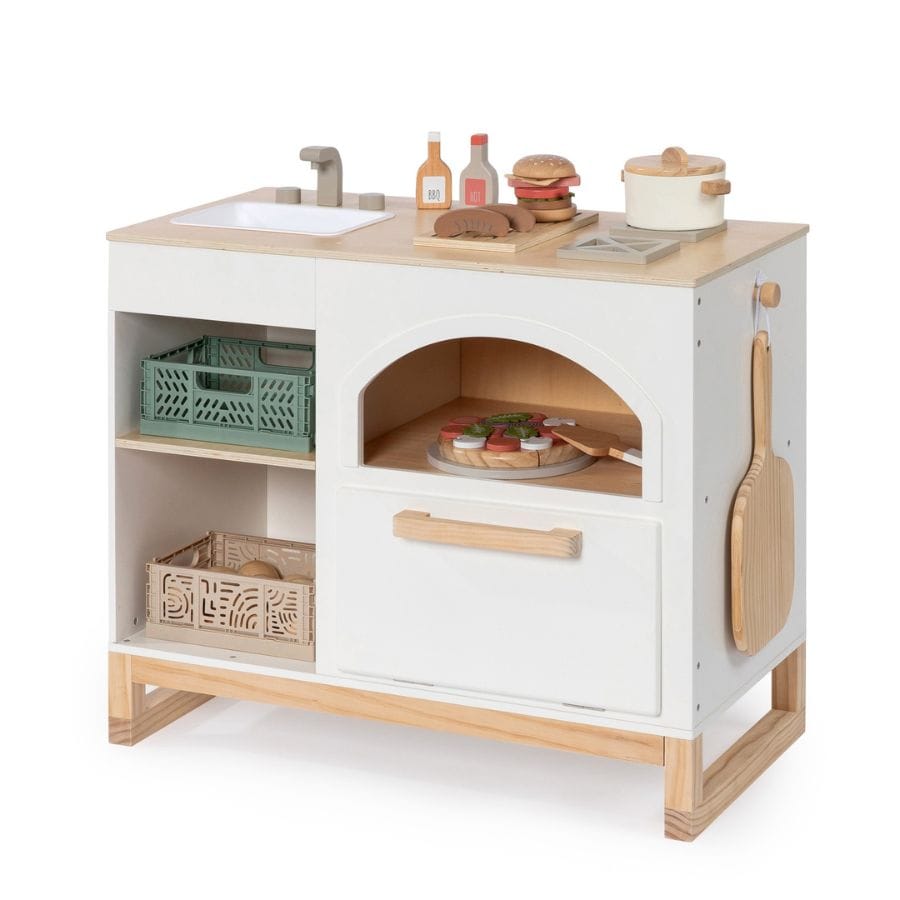 Musterkind Kinderküche Weiß Musterkind Spielküche Taxus weiß/natur – Kinderküche aus Holz mit Pizzaofen ab 3 Jahren